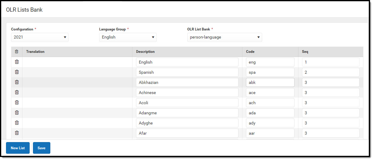 Screenshot of the OLR Lists Bank tool.