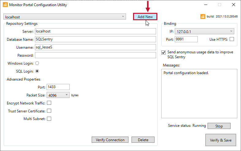 SentryOne Portal Monitor Portal Configuration Utility