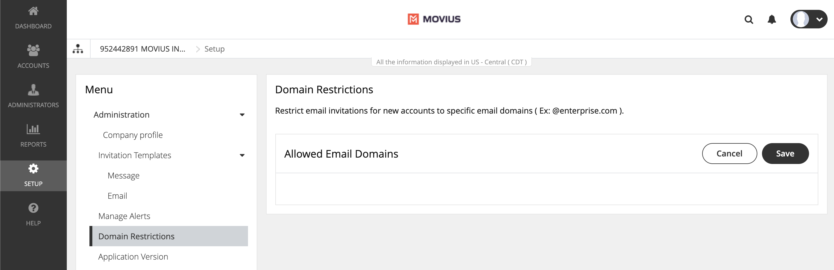 Allowed Email Domains screen