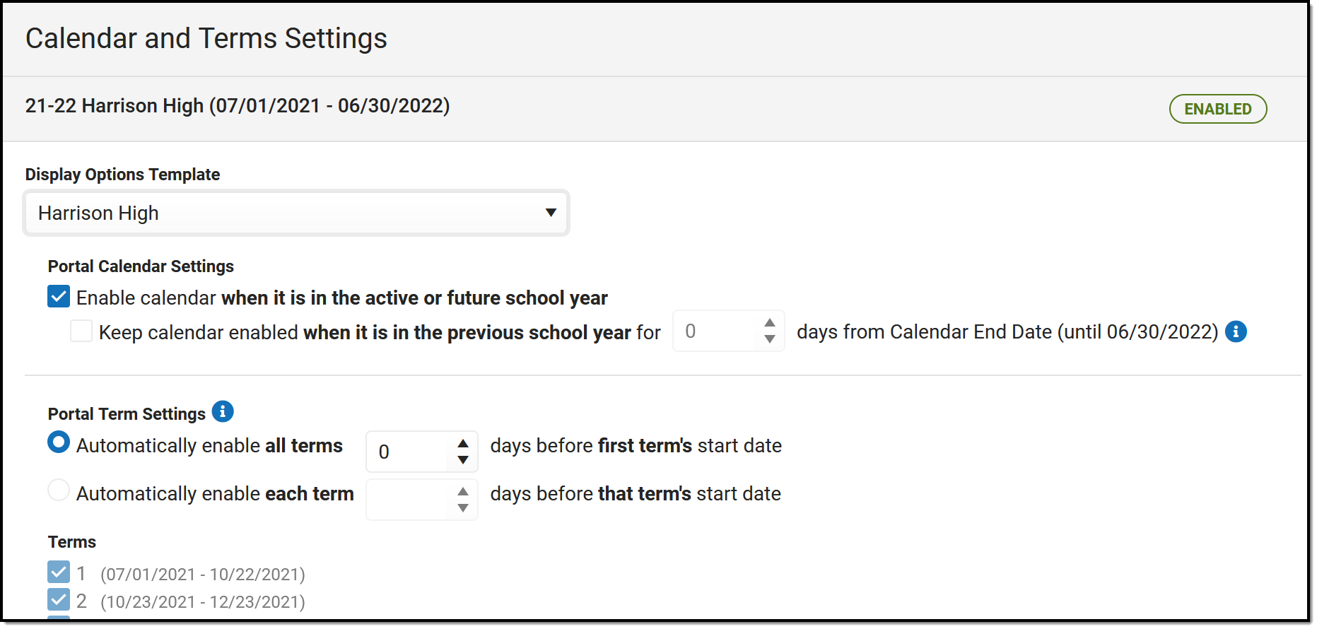 Screenshot of the Calendar and Terms Settings where users establish calendar-specific settings.  