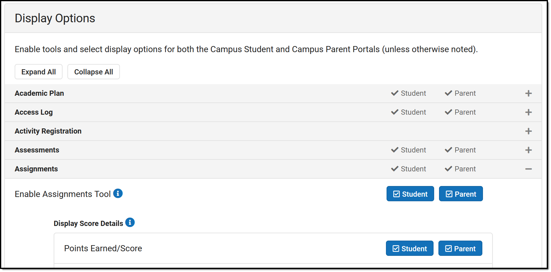 Screenshot of the portion of the display options tool, with one category of options expanded to show child options and the Student and Parent checkboxes. 