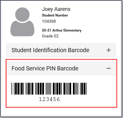 Screenshot highlighting the food service barcode on the home page of campus student. 