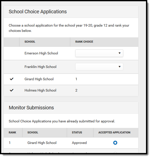 Screenshot of the school choice tool in Campus Student and parent. 