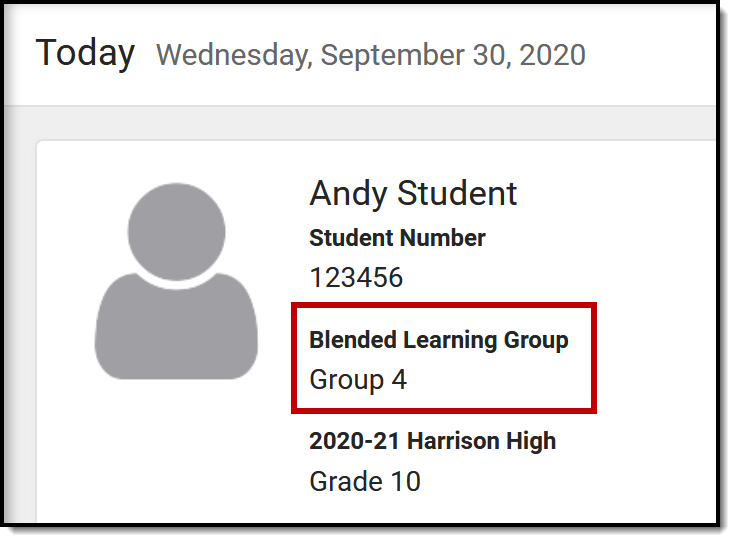 Screenshot highlighting the student's blended learning group on the home screen. 