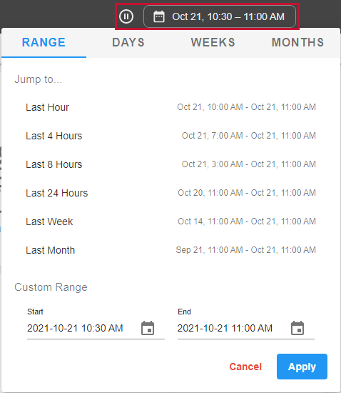 Portal Navigation bar date selector with the date selected and a focus on the Range tab.