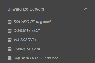 Portal Unwatched Servers section with two servers VM-SSSRV9 and QW60S86-105A greyed out and unwatched.