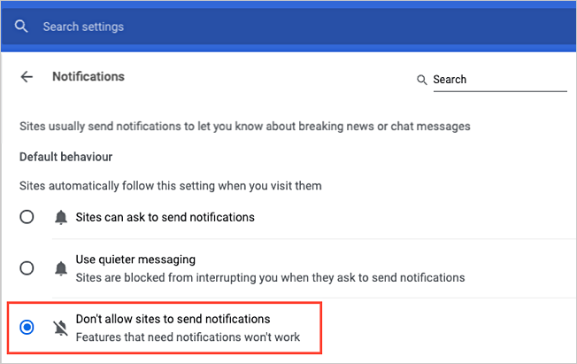 chrome-don't allow sites to send notifications