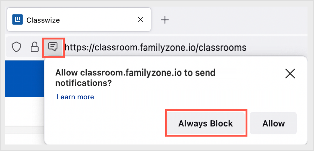 always notifications for a site on firefox shortcut