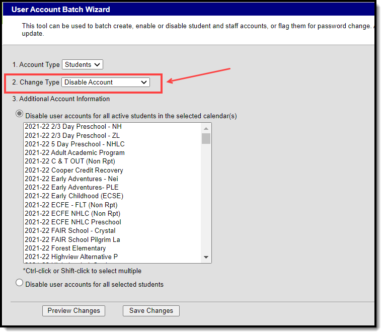 screenshot of the disable account change type selected
