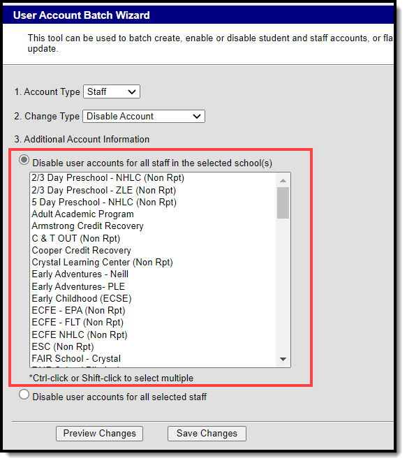 screenshot of selecting staff accounts to disable
