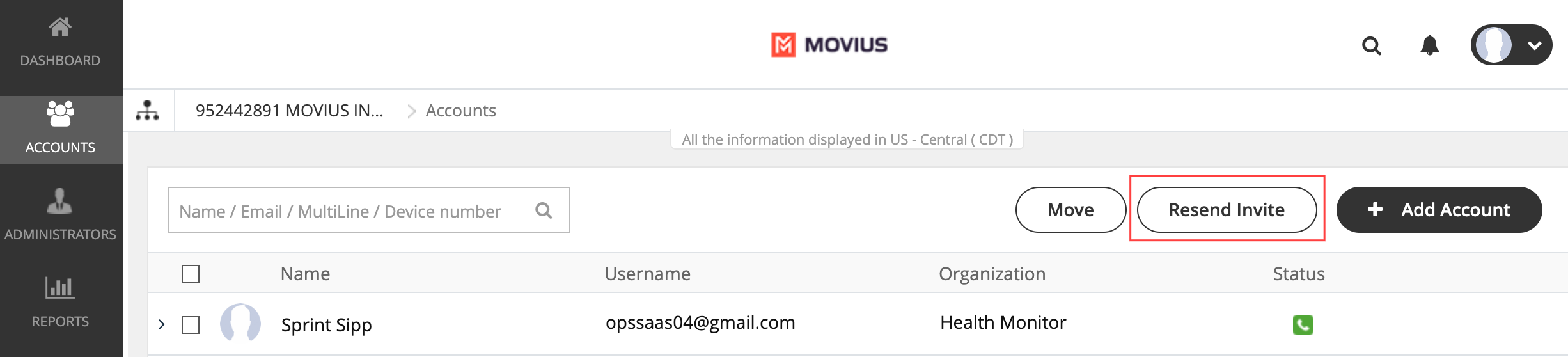 Accounts screen with Resend invite highlighted
