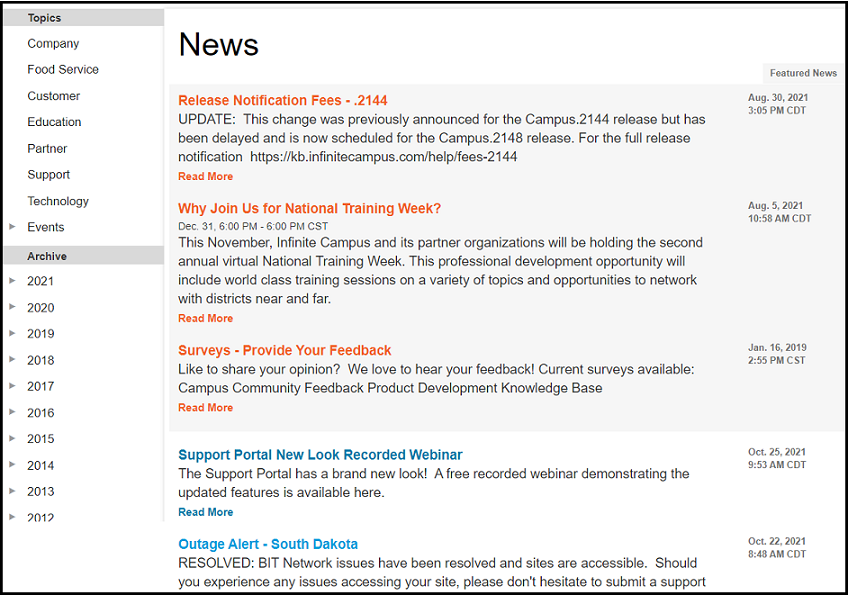 Screenshot of the News section of the Campus Community.