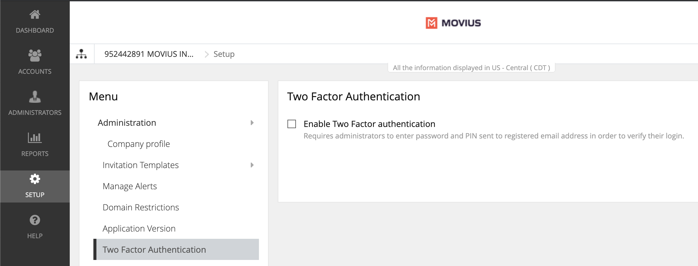 Two Factor Authentication screen