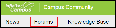 Screenshot of the Campus Community toolbar with a callout around the Forums button.