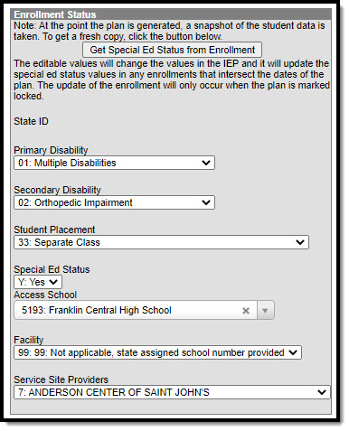 Screenshot of the Enrollment Status editor of an IEP. 
