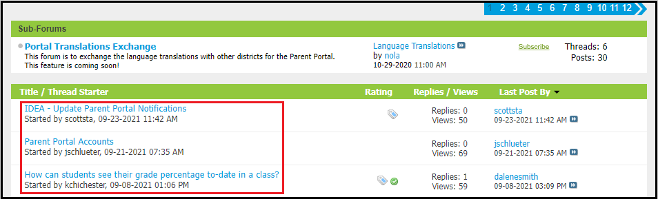 Screenshot of the Parent/Student Portal forum, with a callout around the list of individual threads.