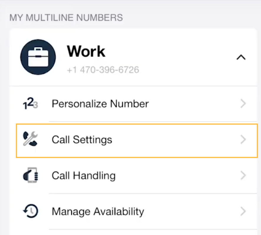 MultiLine Settings Menu with Call Settings highlighted