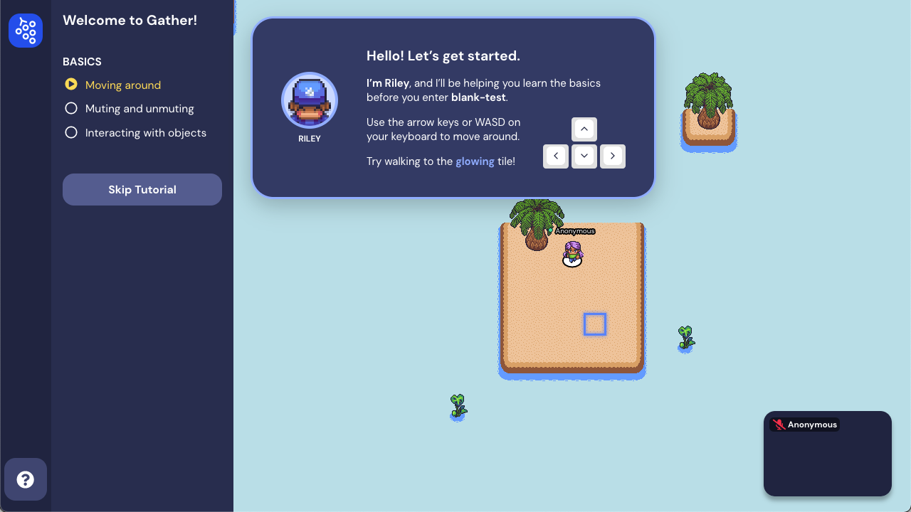 A view of the new user tutorial. An avatar stands next to a palm tree on a small square island. A blue box displays several tiles away on the Island. The window at the top of the page reads 