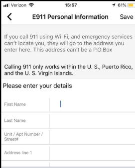 E911 Personal Information screen with empty fields
