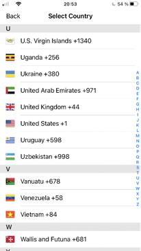 Screen showing list of countries and country codes arranged alphabetically