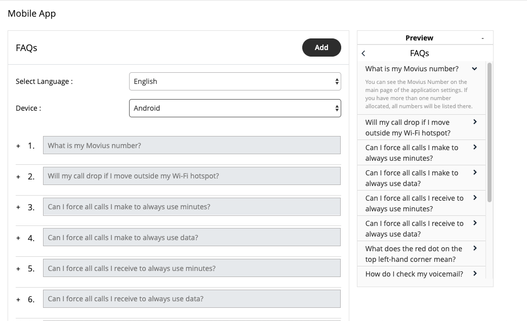 FAQ customization screen