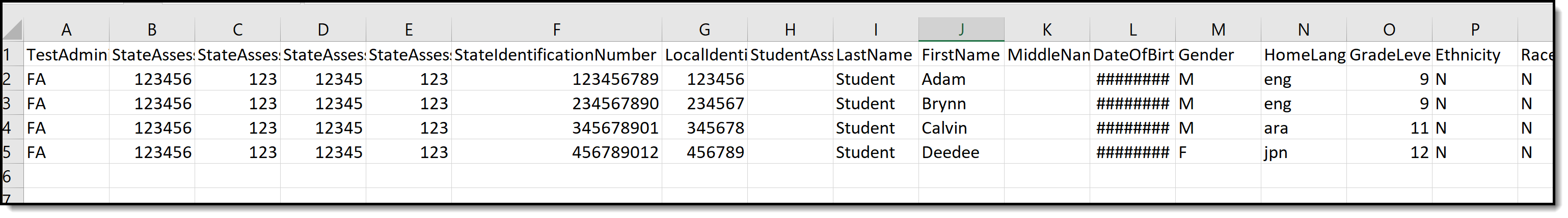 Image of the State Assessment Registration Extract in CSV Format.