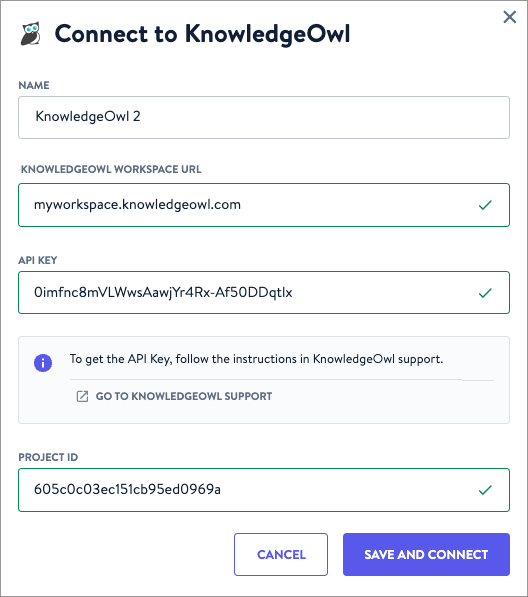 Connection setup modal for KnowledgeOwl with valid information entered in all required fields.