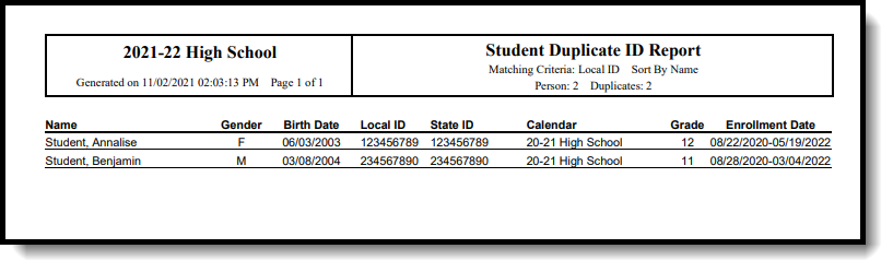 Screenshot of the Duplicate IDs Report sorted by Student Last Name in PDF format.