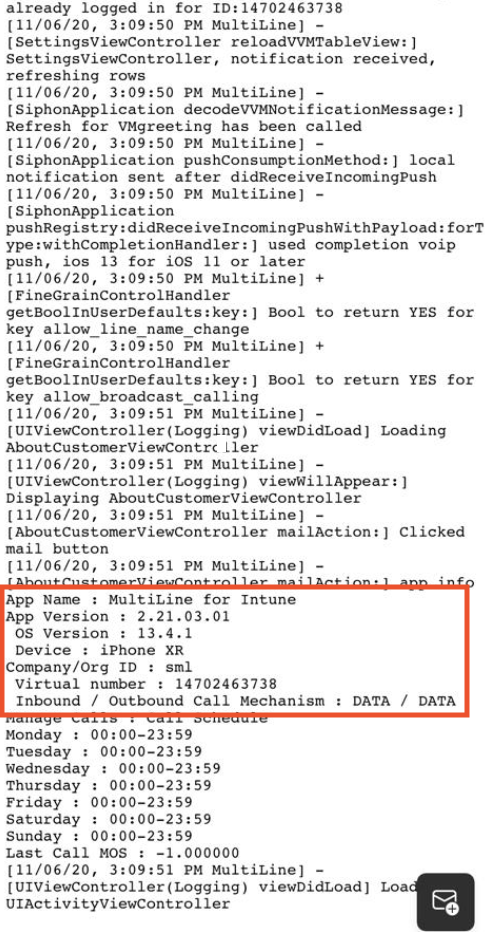 Screenshot of example log