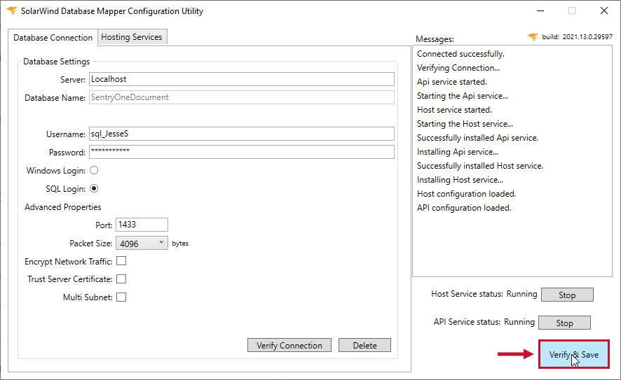 Database Mapper Configuration Utility Database Connection Verify and Save