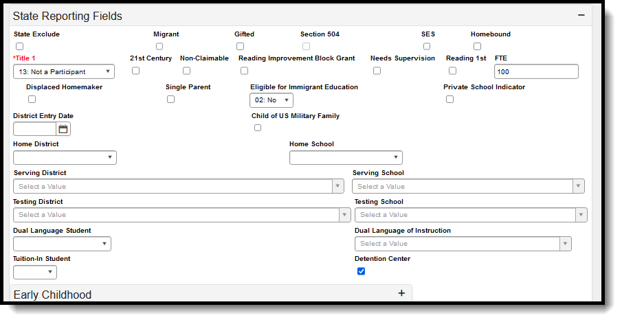 Screenshot of the state reporting field editor in the Enrollment tool.
