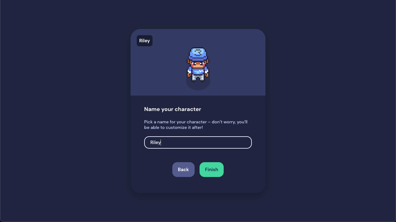 The Name your character modal displays. A person wearing a blue tshirt, grey pants, and a blue baseball hat displays as a preview. Beneath the title, the instructions read "Pick a name for your character - don't worry, you'll be able to customize it after!"
