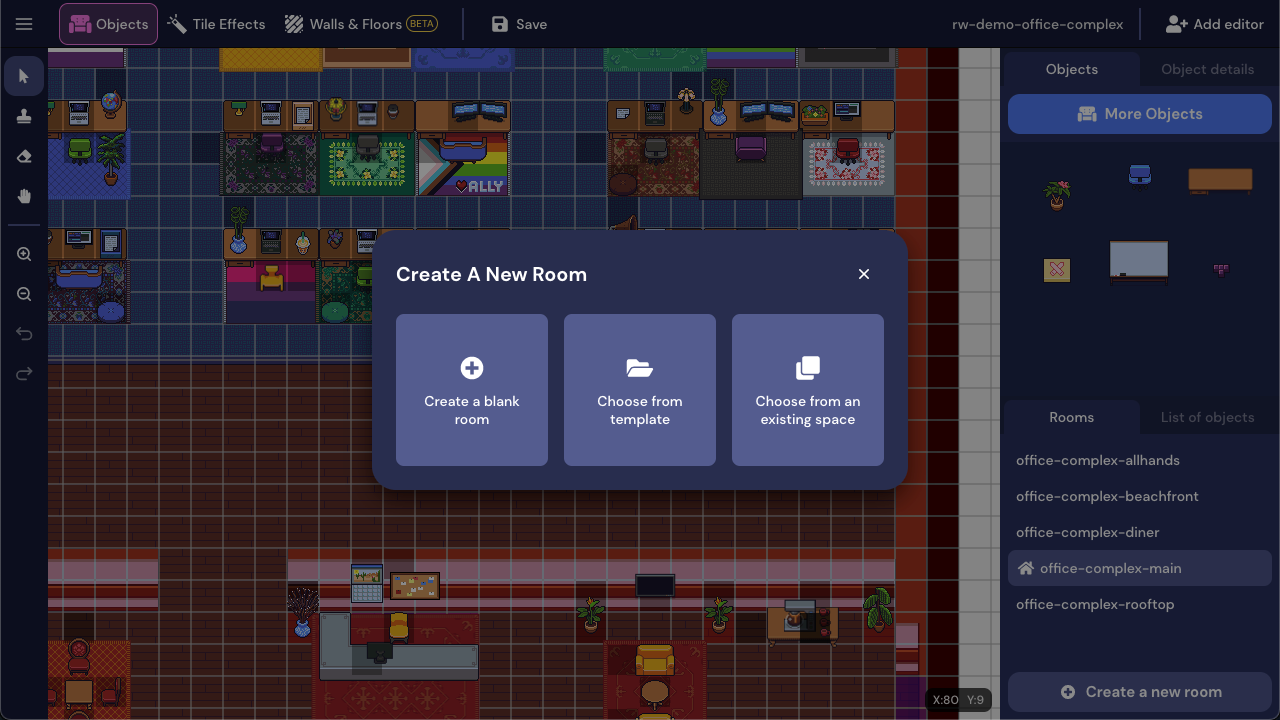 A screenshot of the Mapmaker for the fancy office template. The Create a new room modal displays with three options: Create a blank room, Choose from template, and Choose from an existing space.