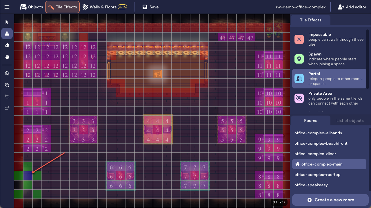 A screenshot of the speakeasy Room in the Mapmaker. Tile Effects is active in the Top Nav Menu, so all available tile effects displays. A red arrow points to a blue Portal tile effect placed near the doorway.