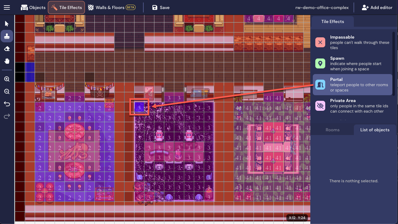 A view of the fancy office template in the mapmaker with Tile Effects active in the Top Nav Menu. The teleporter object is outlined in red, and you can vaguely see that a blue portal tile has been placed on top of the pink private tile.