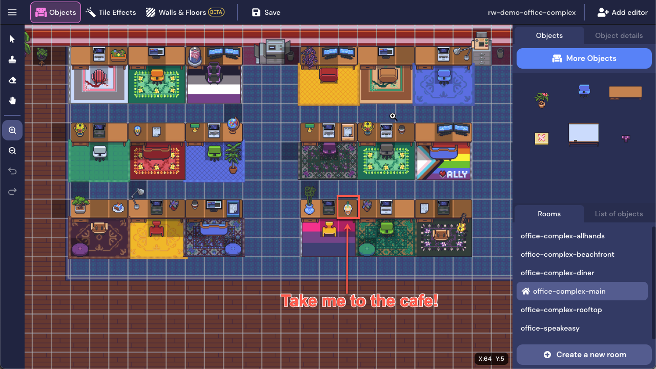 A view of the desk area in an office template in Mapmaker. Objects is selected in the Top Nav Menu. A bubble tea on a desk is outlined in red, and a red arrow points to it from the text "Take me to the cafe!"