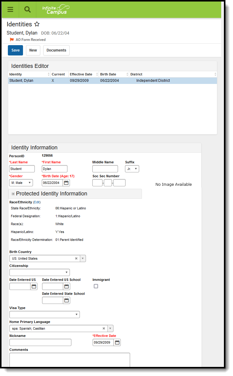 Screenshot of the Identities tool.