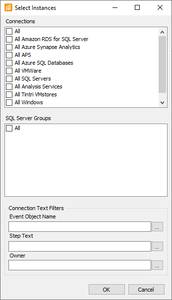 Select Instances window with Connections, SQL Server Groups, and options to apply Connection Text Filters.