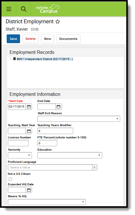 Screenshot of an Employment record in the District Employment tool. 