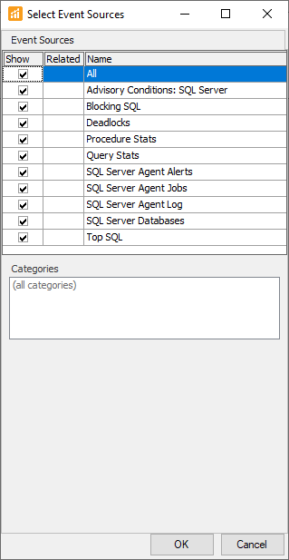 Select Event Sources window displaying multiple selectable event sources.