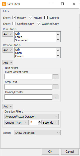 Set Filters window displaying options for what to show, run status, review status, text filters, duration filters and action.