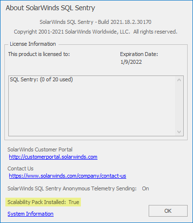 SQL Sentry About window Scalability Pack Installed message
