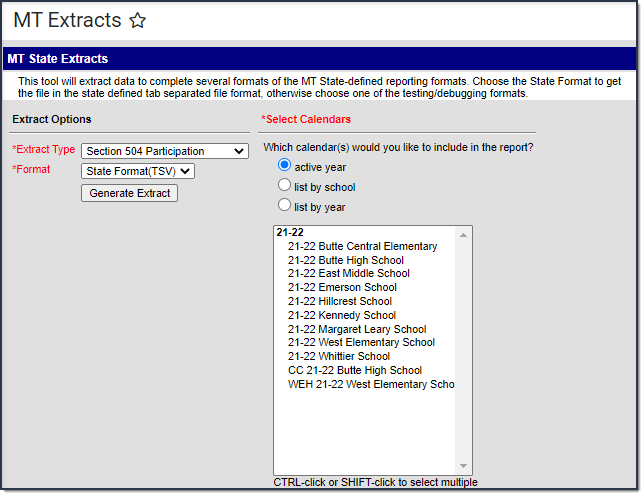 Screenshot of the Section 504 Participation extract editor.