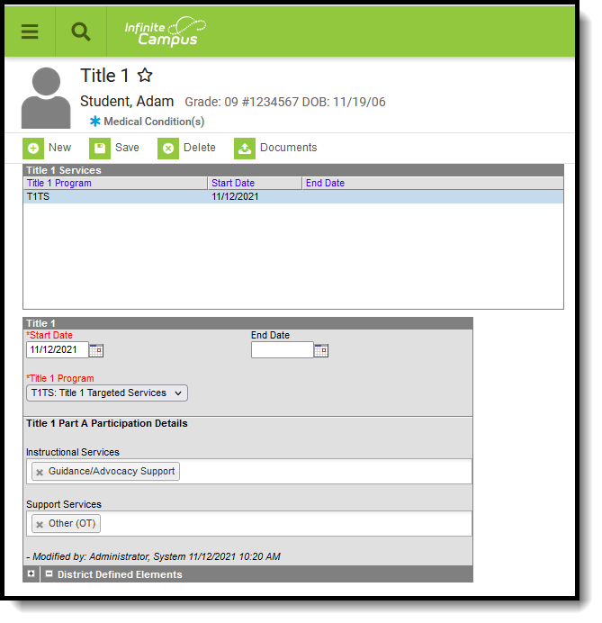 Screenshot of the Title 1 Editor, located at Student Information, Program Participation