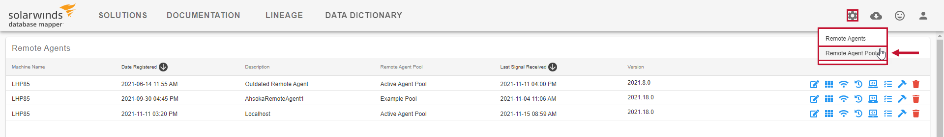 Database Mapper Web Portal Manage > Remote Agent Pools