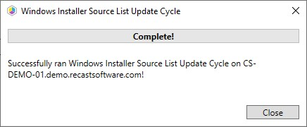 The Windows Installer Source List Update Cycle window displays progress and successful completion.