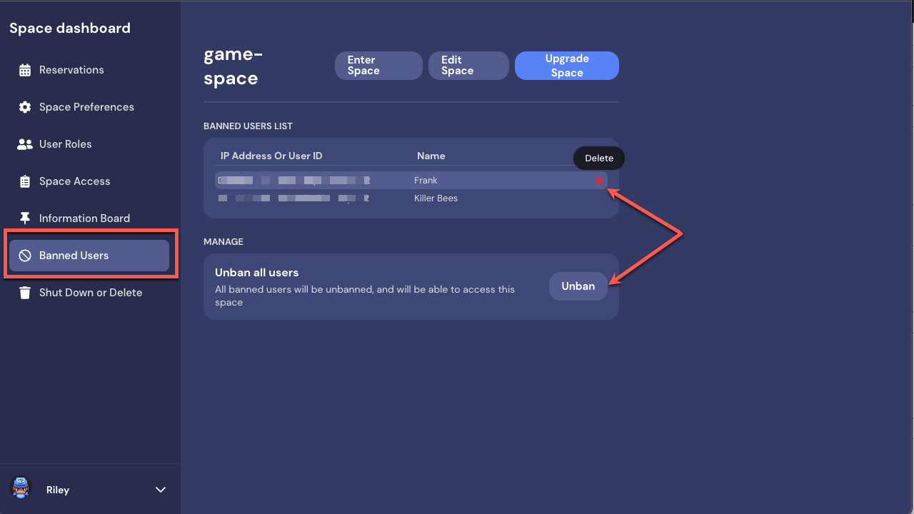 The Space dashboard with Banned Users selected in the Left Nav Menu. Red arrows point to the delete trashcan next to the IP address of Frank, and to an Unban button, which will unban all banned users. 