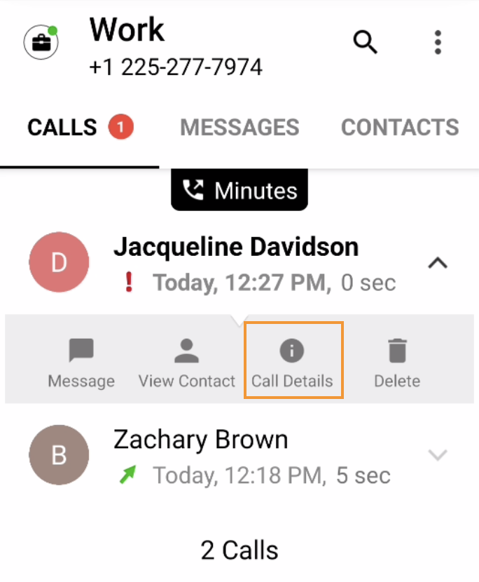 Call Details menu with Call Details highlighted