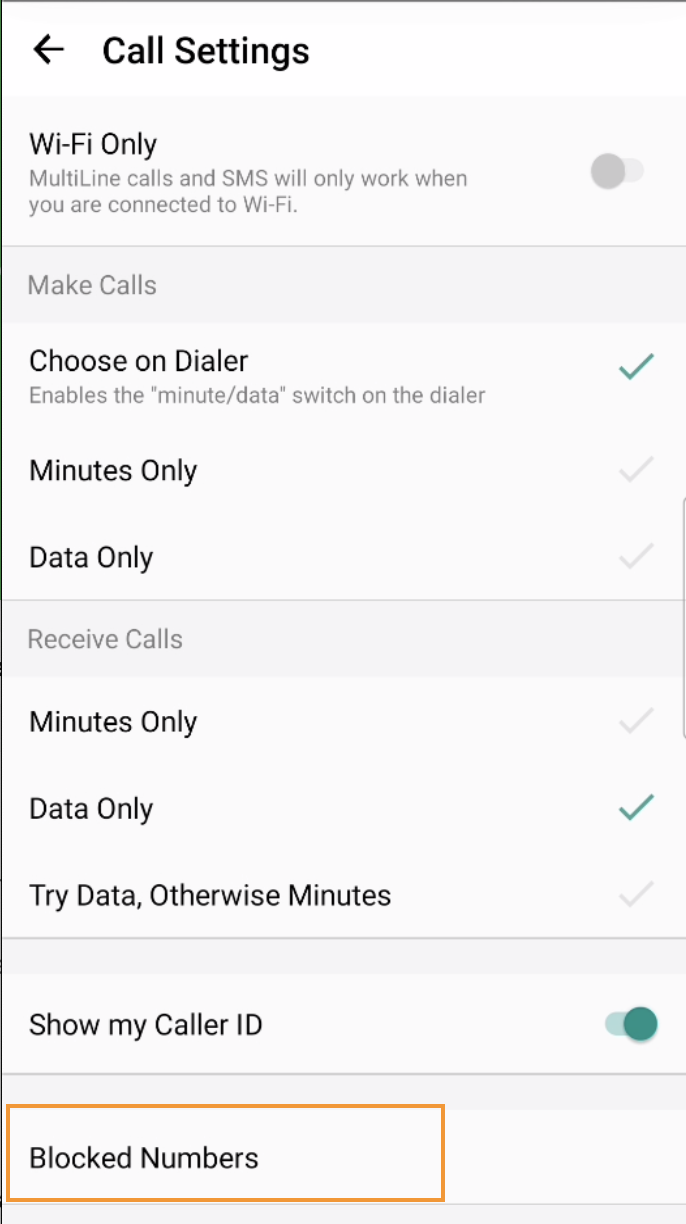 Call Settings menu with Blocked Numbers highlighted