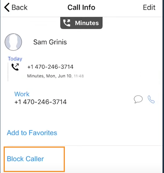 Call Info screen with Block Caller highlighted